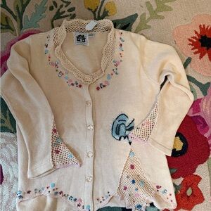 Storybook Knits Cream Cardigan with Floral Embroidery